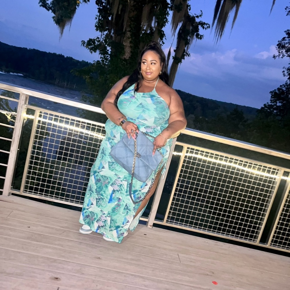 Plus Size Mint Green Tropical Halter Maxi Dress